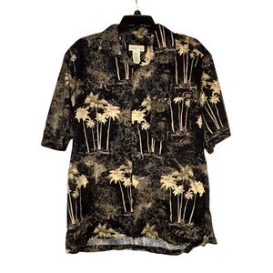Trader Bay Men’s Hawaiian Shirt Black Palm Tree Aloha Large Button Front Casual‎